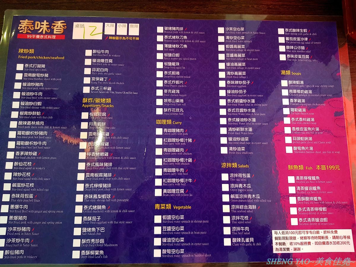 [台中西區]泰味香 – 台中罕見的99元平價泰式料理,店內將近100樣菜色連同湯類真的每道都只賣99元,口味夠水準,份量上也沒縮水,還有香米飯和飲料無限量供應,一個人或多人來吃都合適。